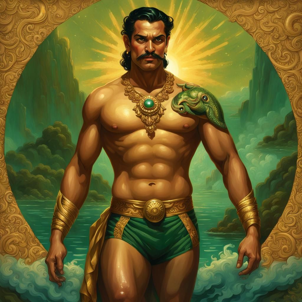 Raja Ravi Varma style Stunning Beautiful Marvels MALE dark Mayan God Namor. sunrise, glowing sun background.  green swim...
