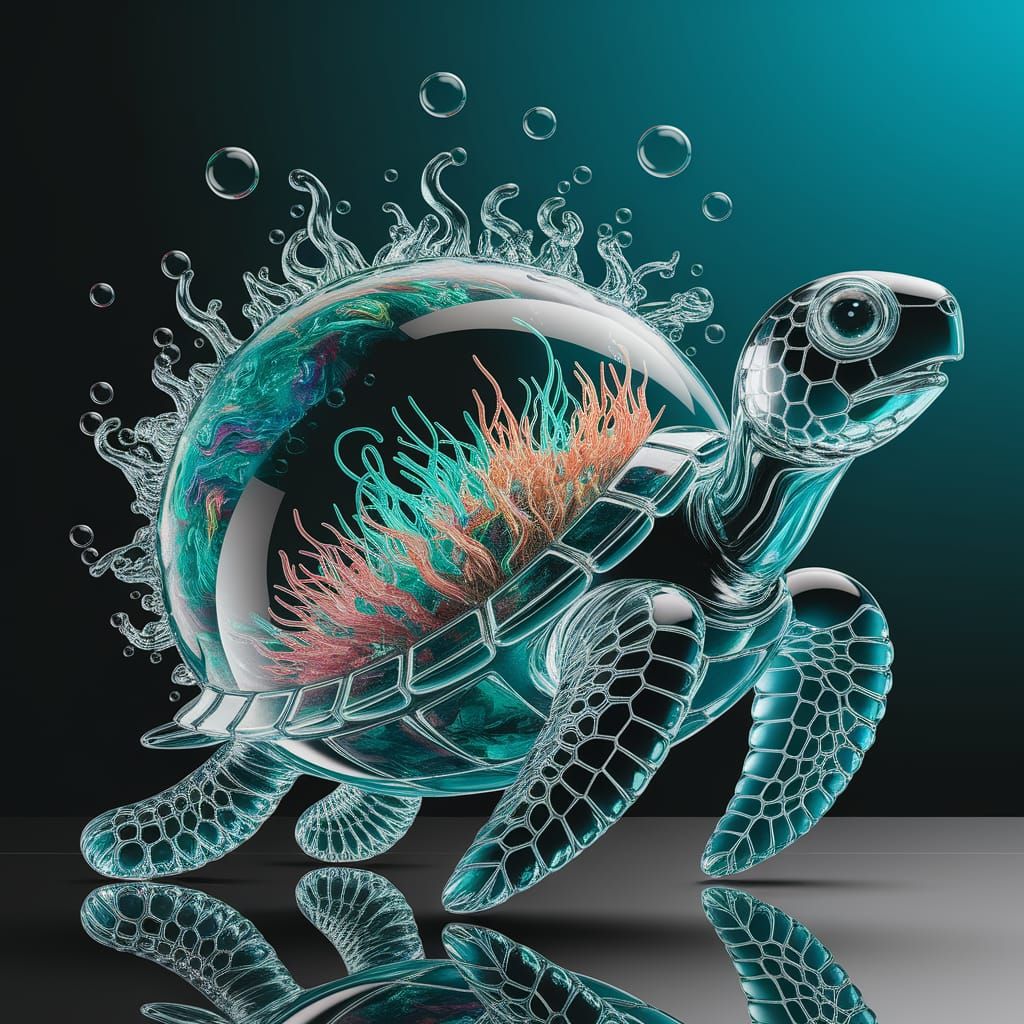 Crystal Turtle Sculpture with Ocean Life