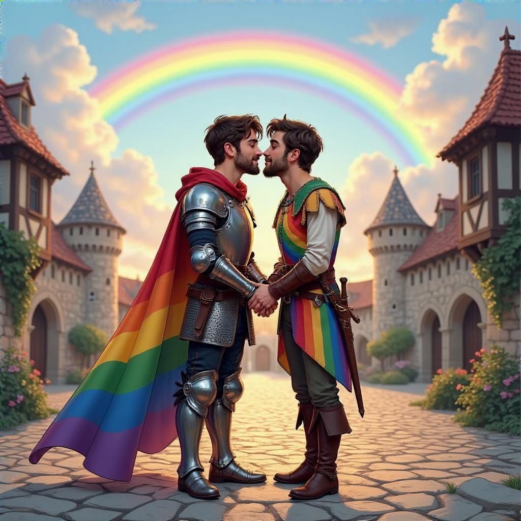Gay Knight and Minstrel Kiss in Medieval Courtyard