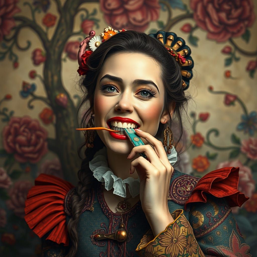 Whimsical Fantasy Portrait of a Woman with a Toothbrush