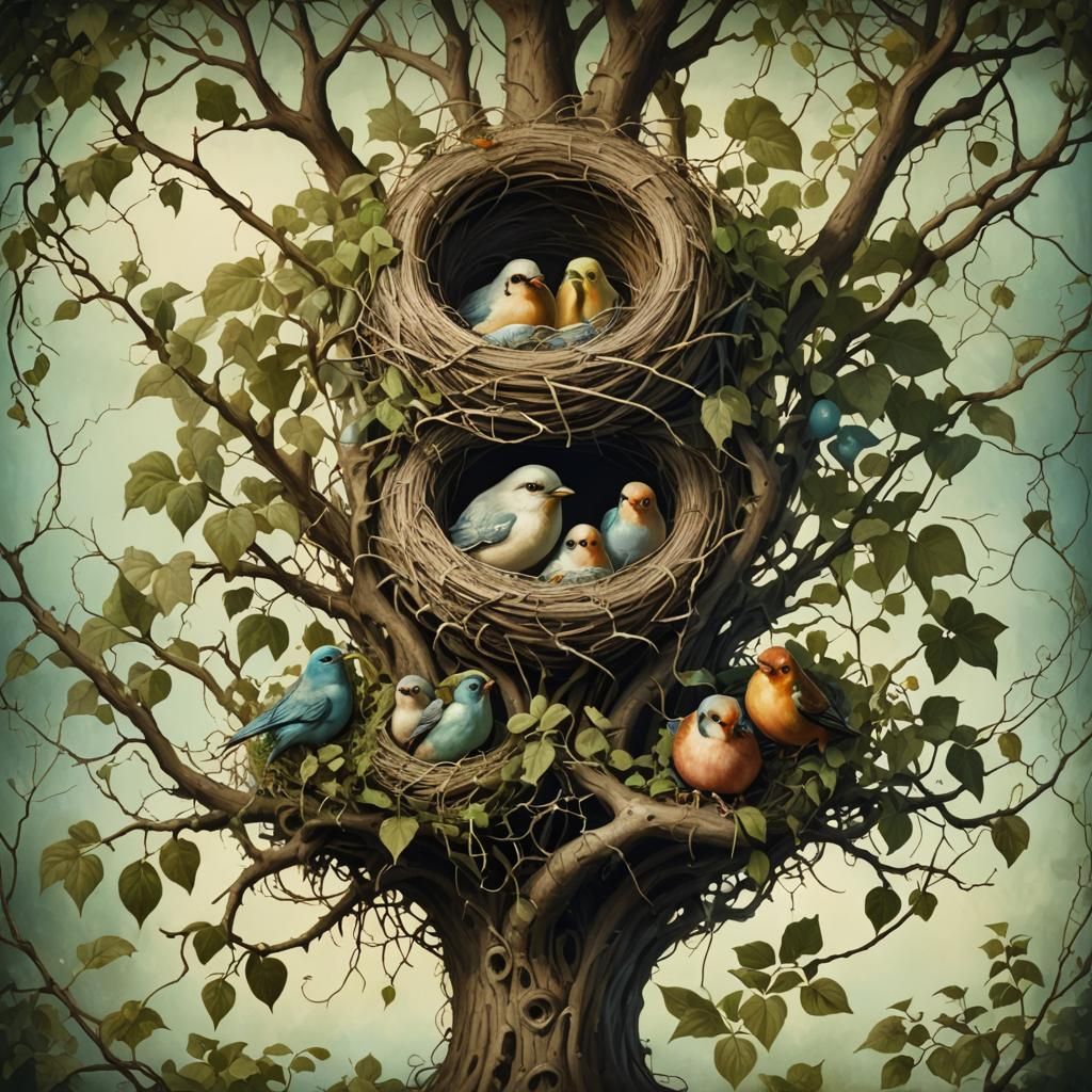 Surreal Bird's Nest with Bird Family