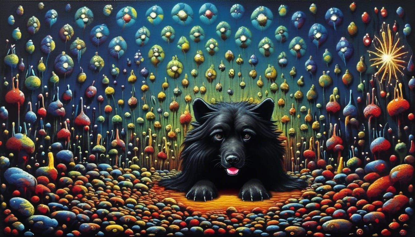 Surreal Black Dog in Psychedelic Pop Art Style