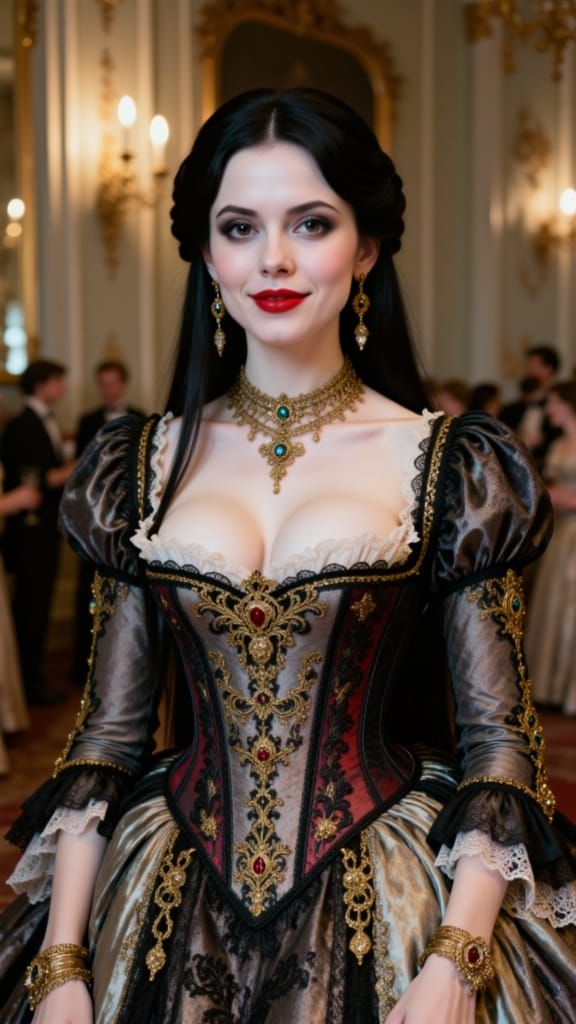 Victorian Ball Scene With Elegant Woman in Gold Gown