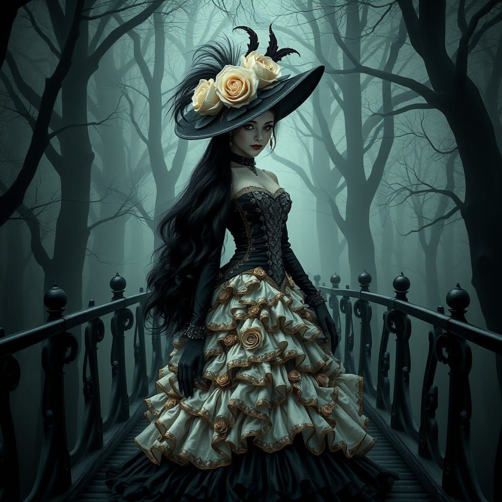 Gothic Woman in Misty Forest, Ethereal Style