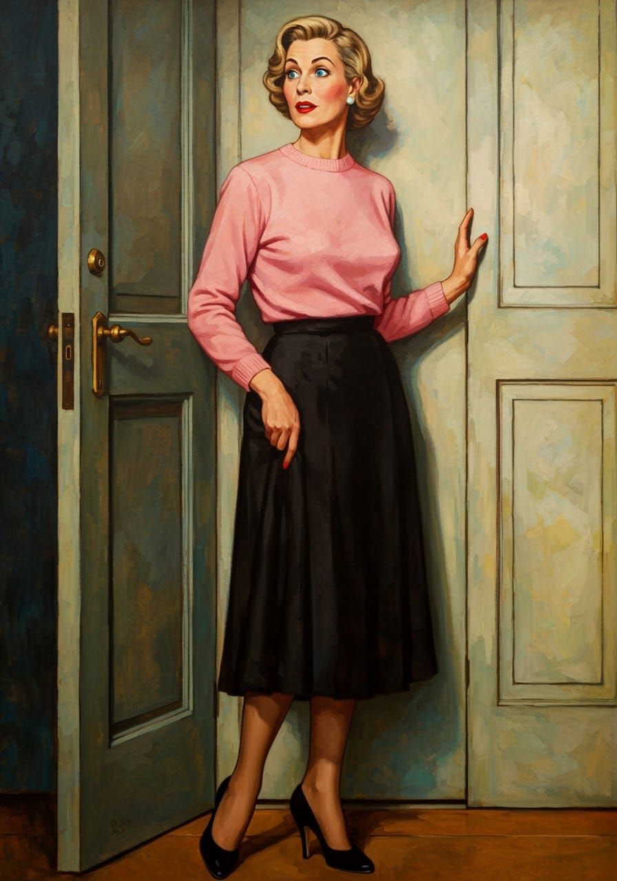 Elegant Woman in Doorway, Impressionistic Pin-Up Style