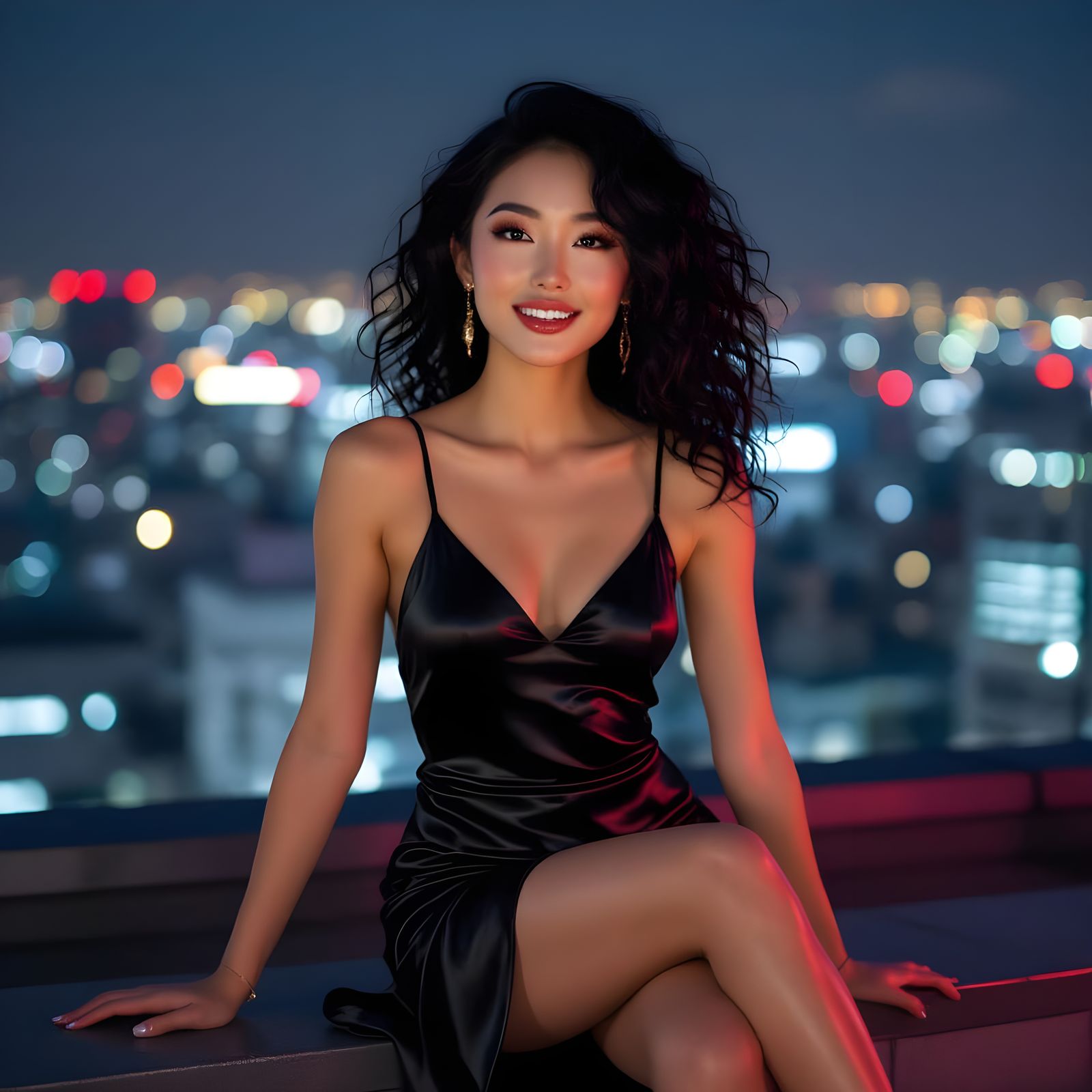 Glamorous Woman Dancing on Tokyo Rooftop
