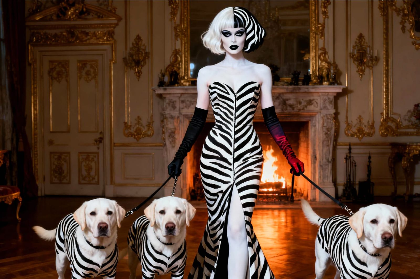 Cruella de Vil in Zebra Stripes with Zebra Dogs