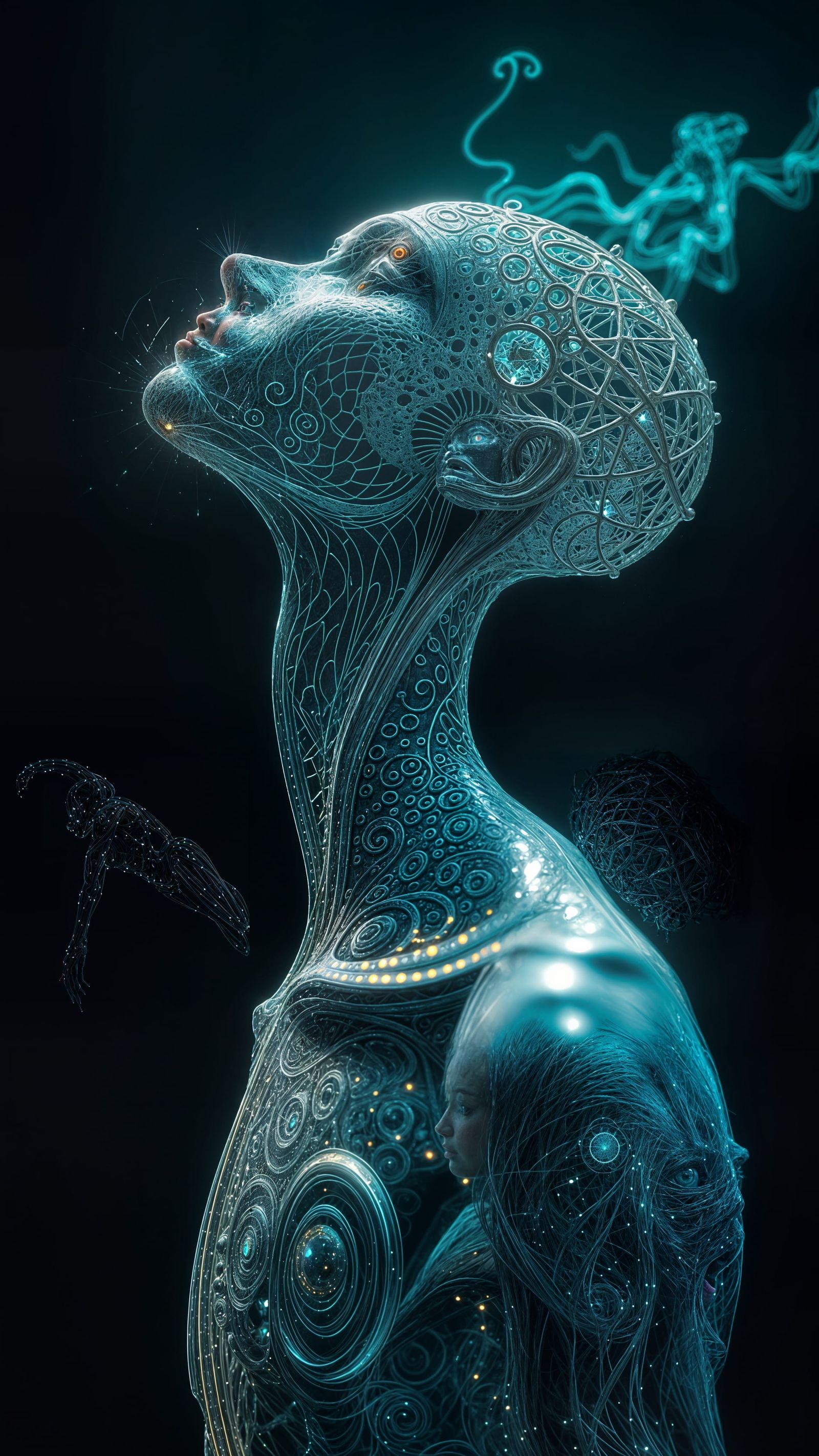 Ethereal Humanoid Radiates Energy in Futuristic Landscape