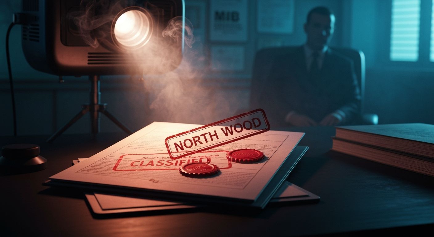 Classified Dossier on Dark Desk, Retro-Futuristic Office