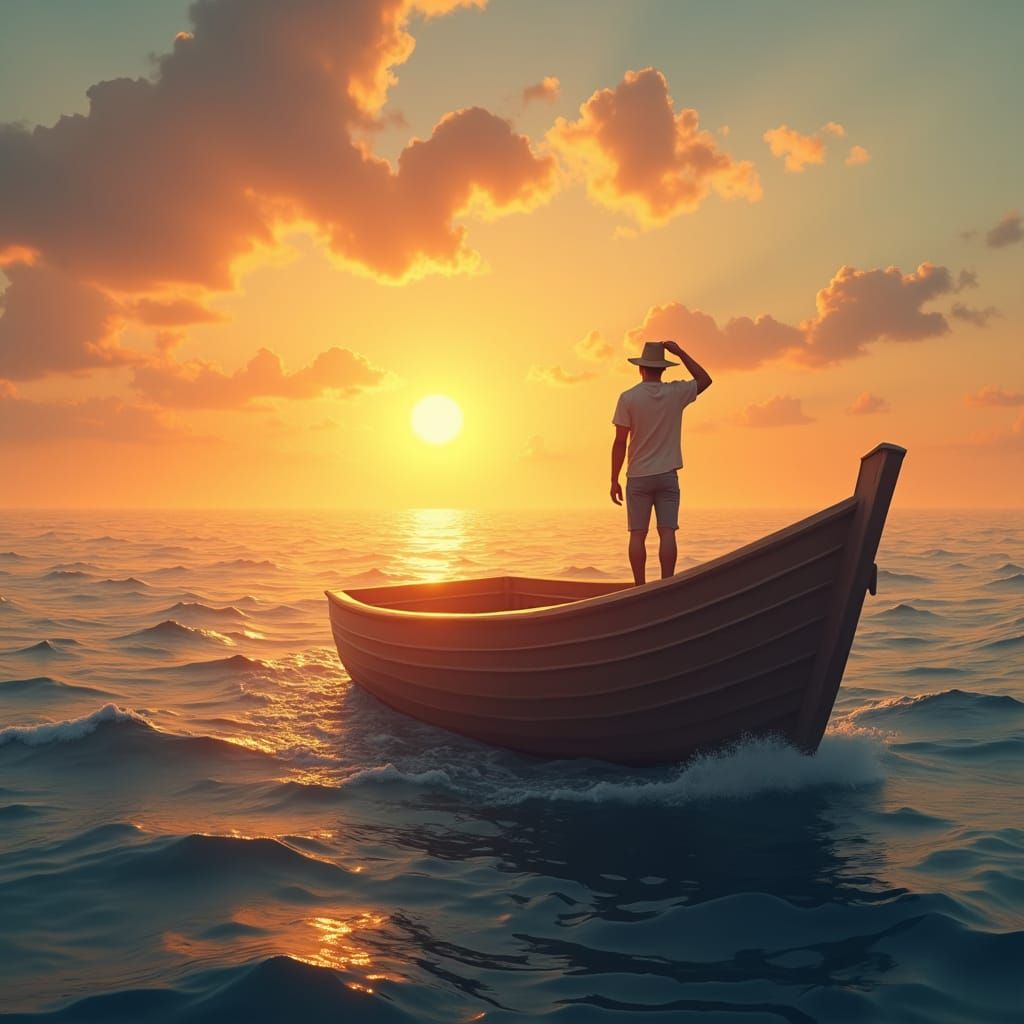 Solitary Ship at Sunset on Endless Sea