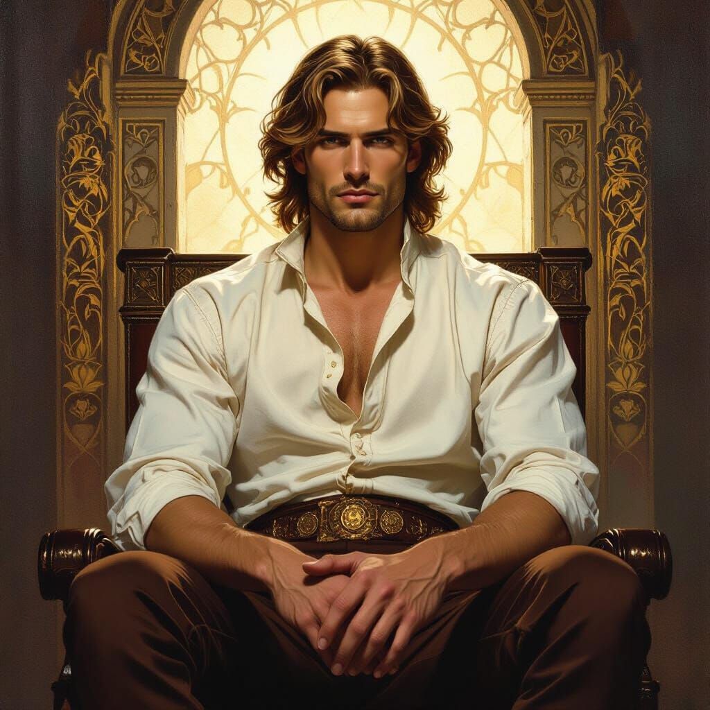 Noble Man with Carved Stone Face, Golden Hair in Pre-Raphael...