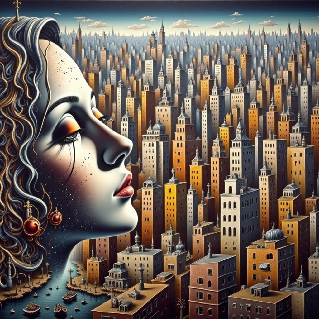 Dreamlike Cityscape in Surrealist Style, Oil on Canvas