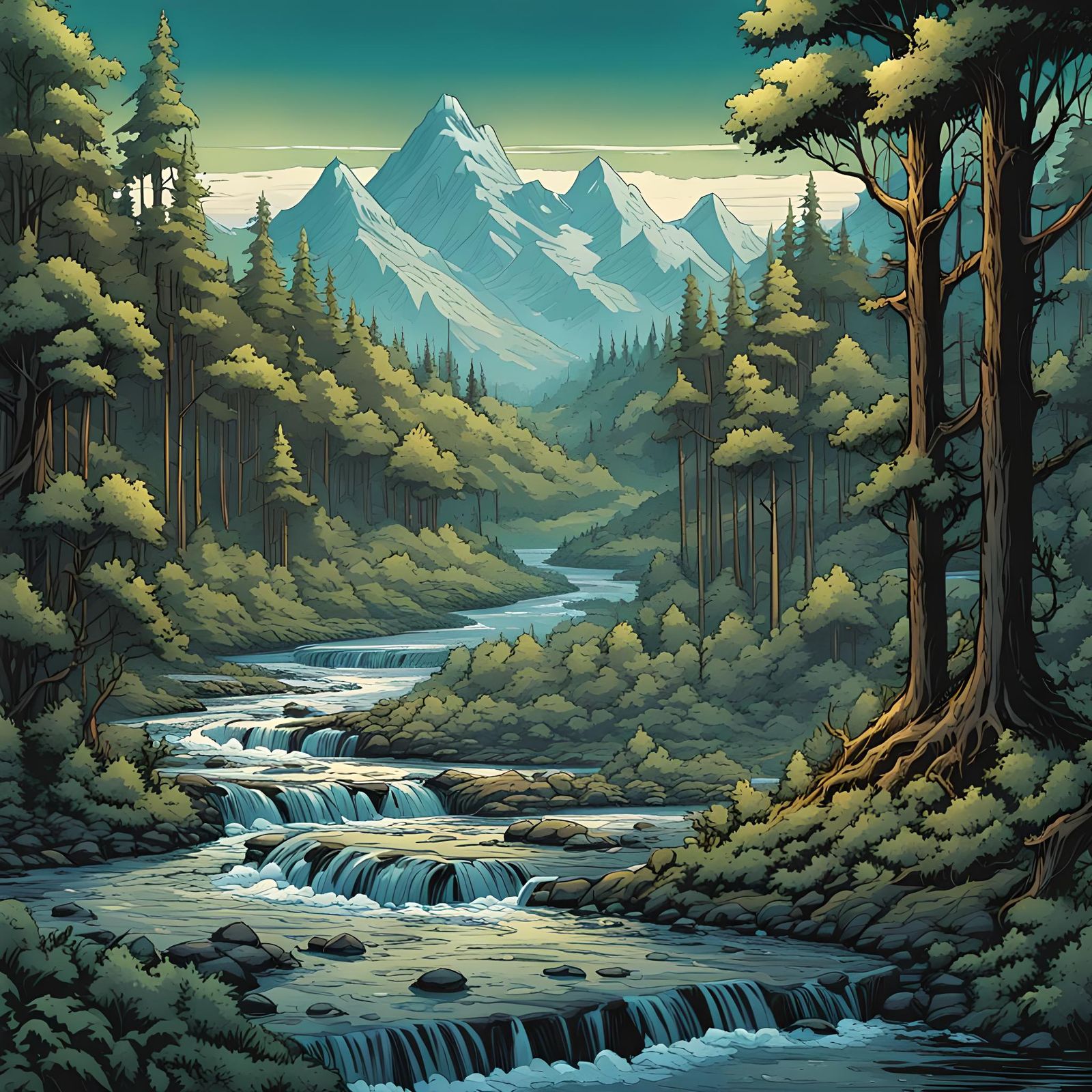 Scenic River Through Forest in Comic Book Style