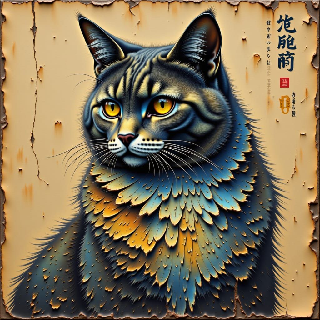 Regal Cat in Vintage Glitchcore Ukiyo-e Style
