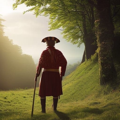A German man in traditional clothing walking in the Odenwald forest