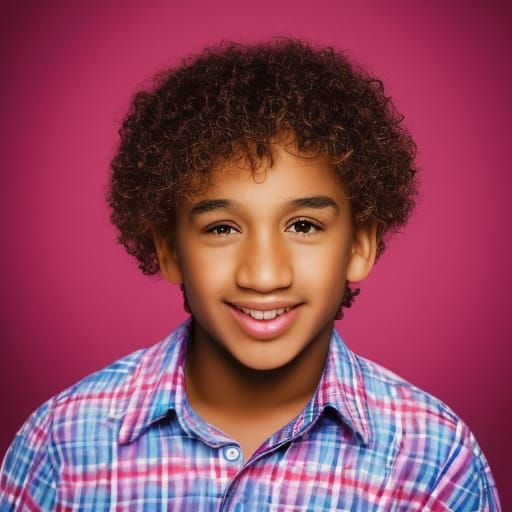 african american boy with caramel skin curly hair smiling with red midnight blue purple pink background Close-up port...