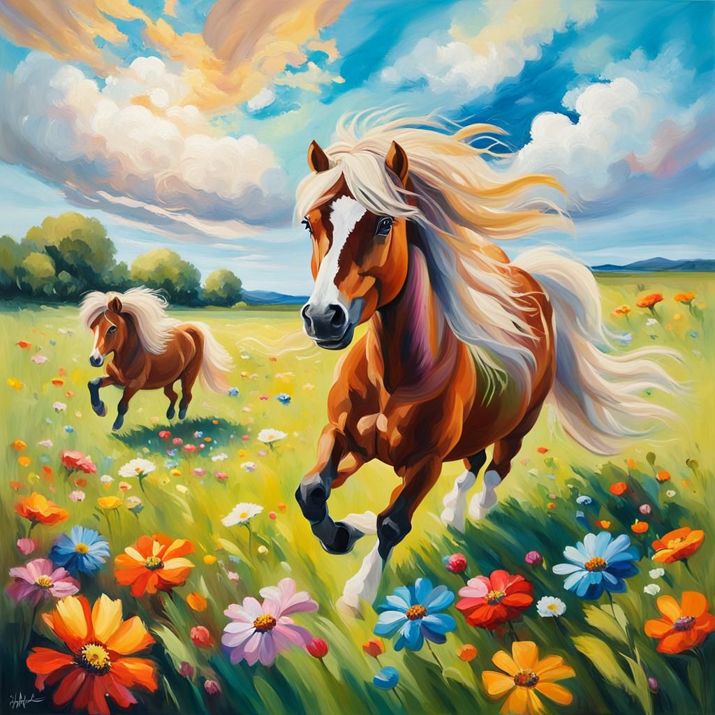 Vibrant Impressionist Scene of a Happy Shetland Pony in a Gr...