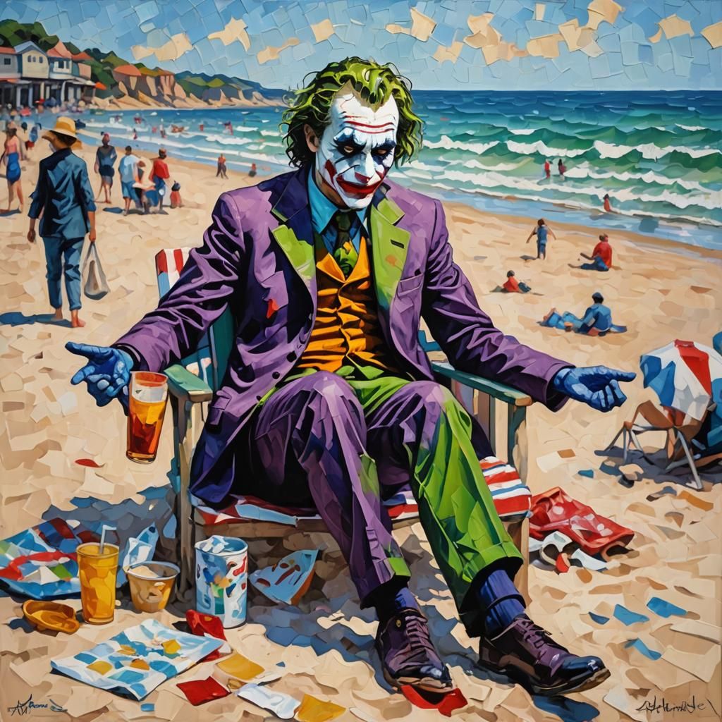 The Joker's Beach Day: An Expressionist Oil Painting