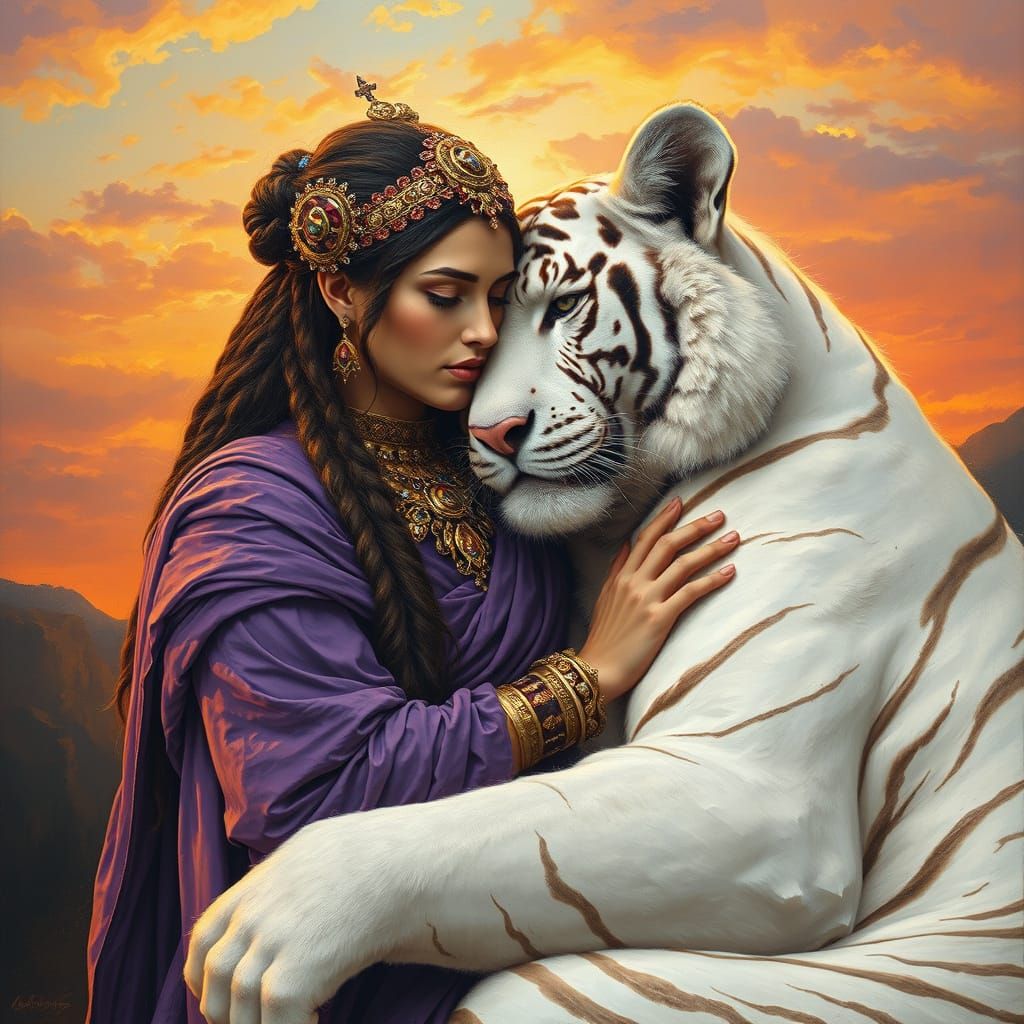 Ethereal Warrior Goddess Embraced by Majestic Albino Tiger