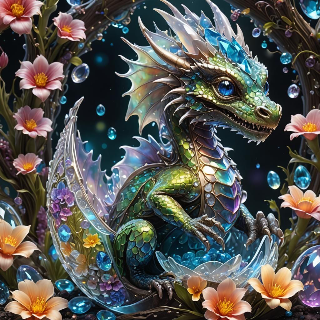 Crystal Dragon Hatching, Bioluminescent Digital Art