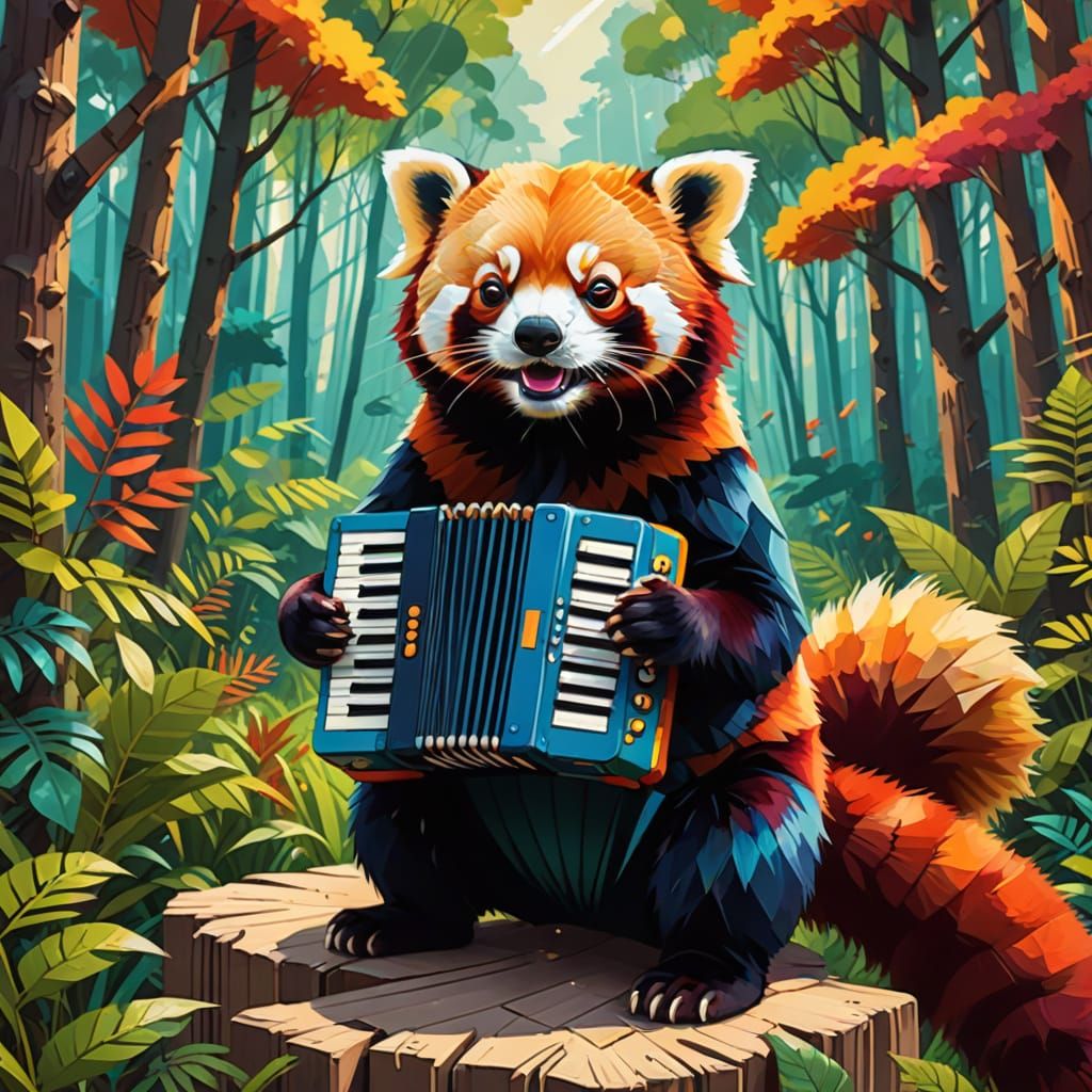 Joyful Red Panda Plays Accordion in Vibrant Pop Art Style