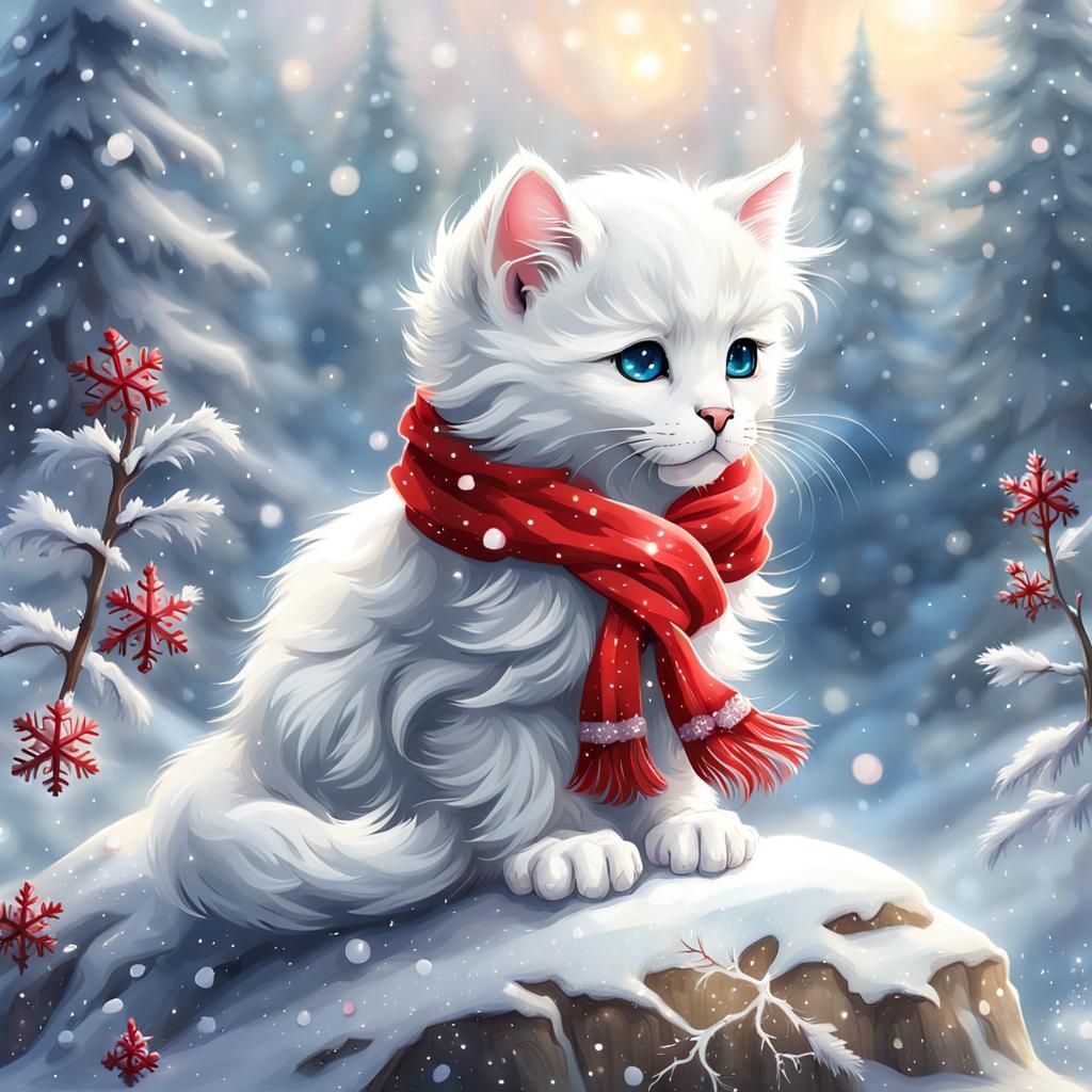 Cute Kitten in Winter Wonderland Illustration