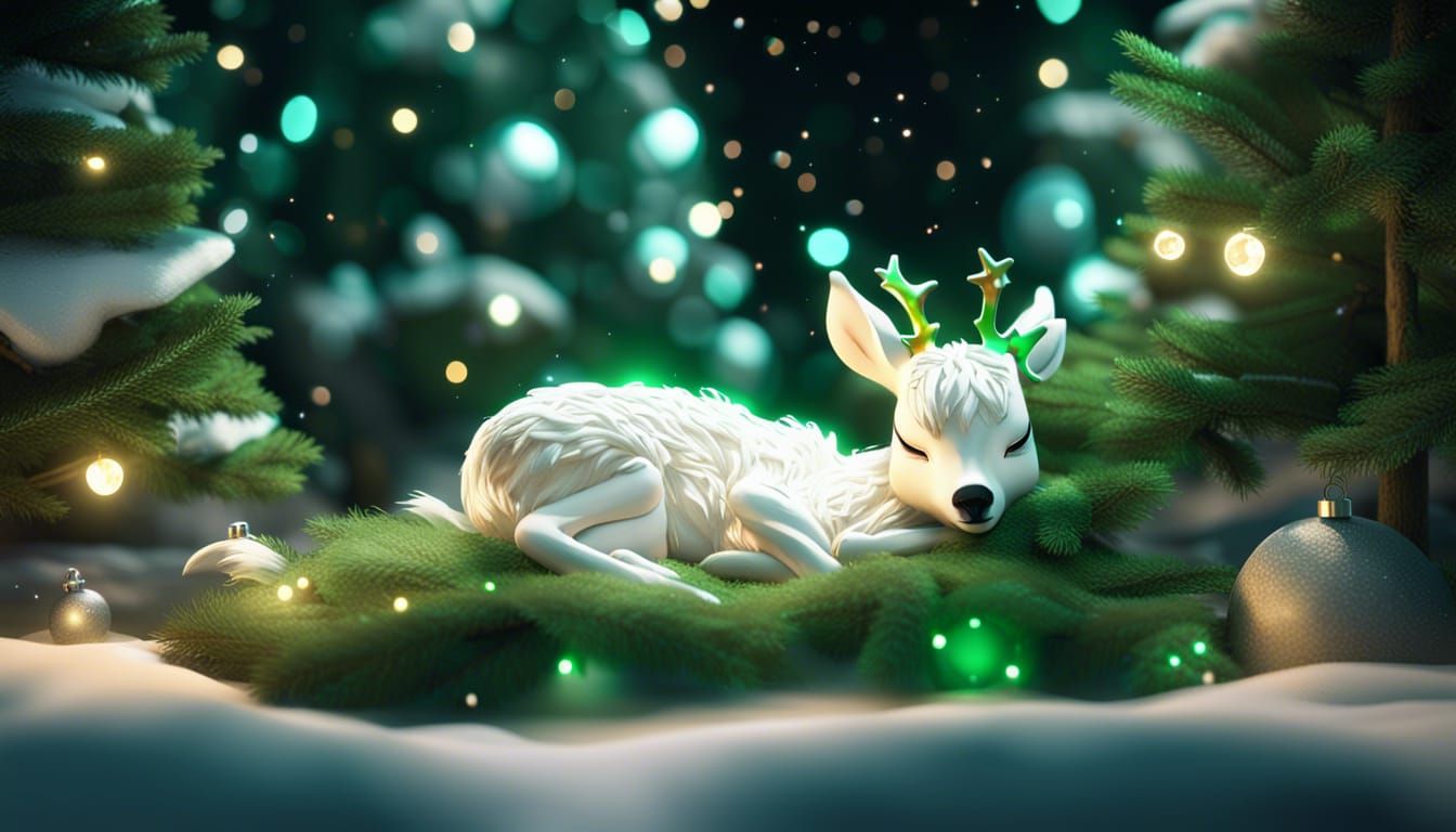 White fluffy Celestial bambi sleeping christmas trees green stars 3D Game Cinematic Feel, Epic 3D Videogame Graphics, In...