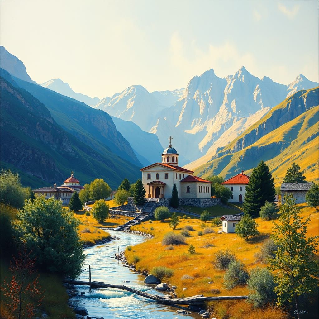 Vibrant Oil Painting of Roussanou Monastery in Greece