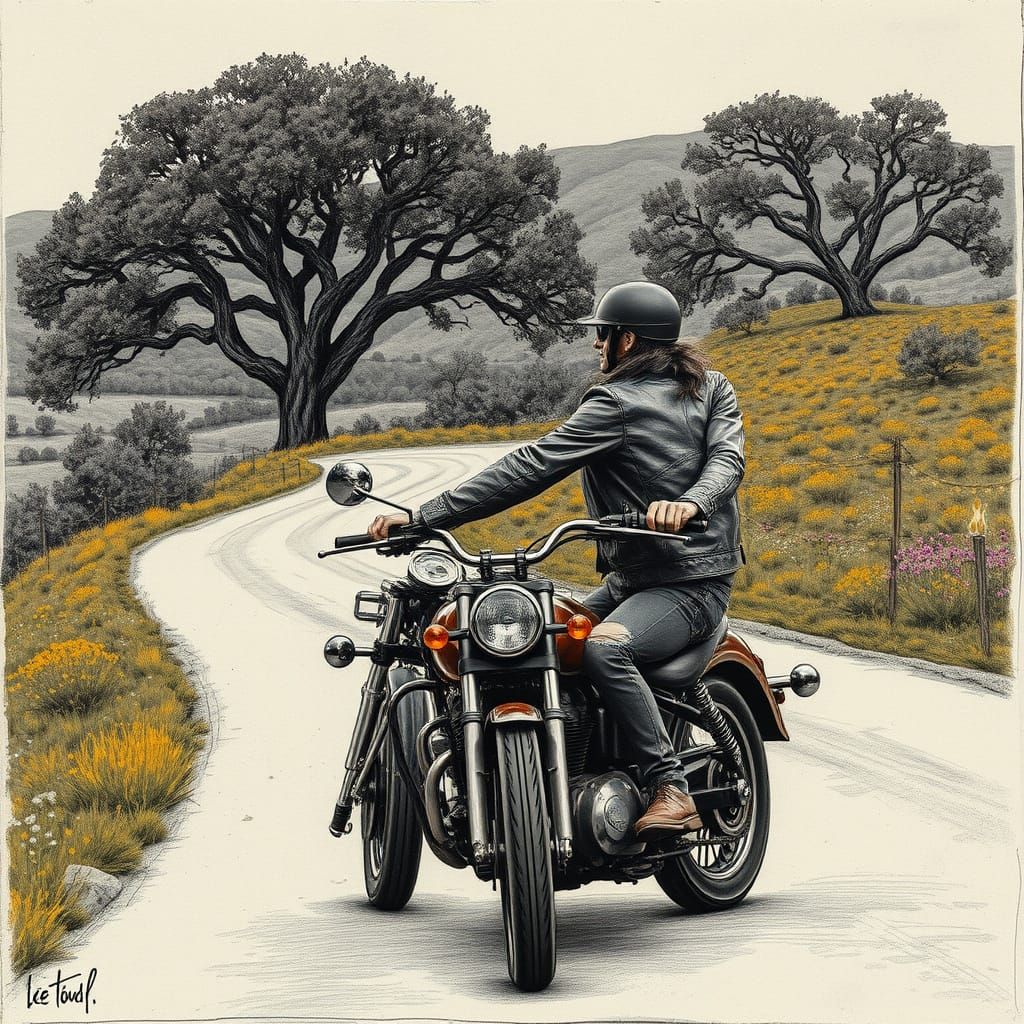 Wild Bikers in Texas Hill Country, Charcoal Drawing Style