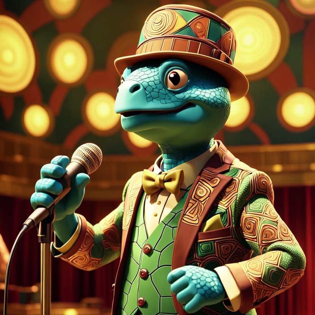 Singing Turtle in Art Deco Club, Claymation Style