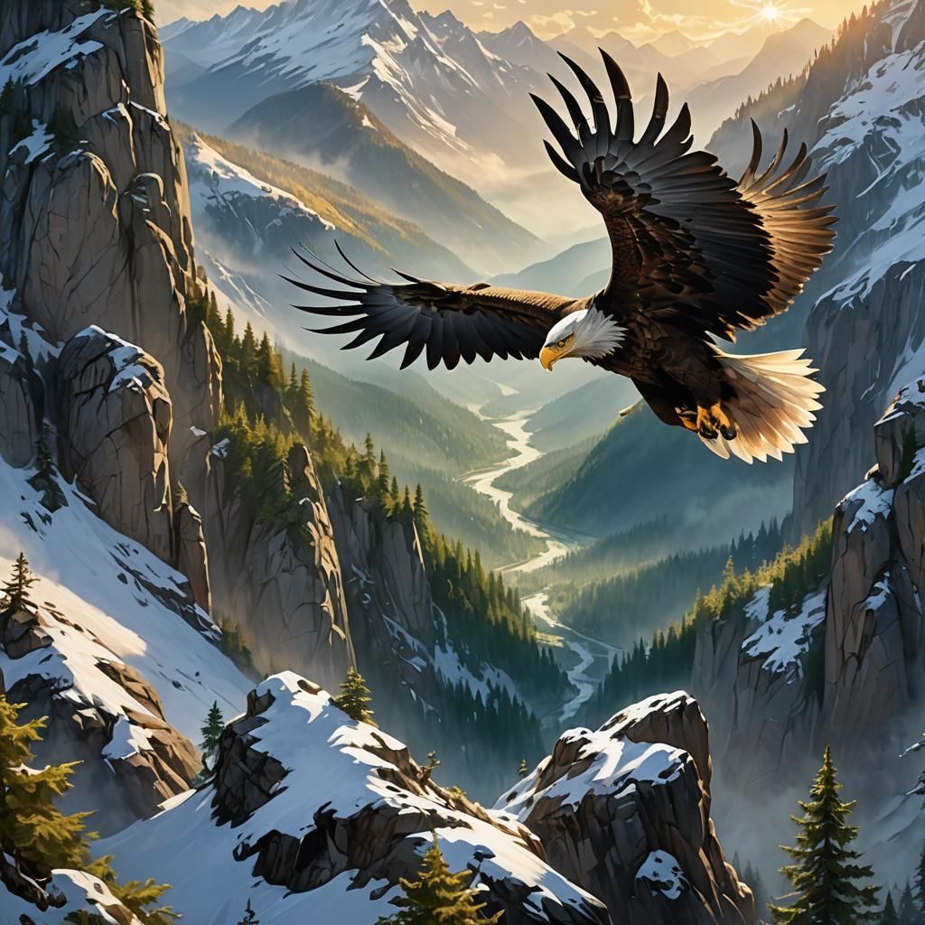 Eagle Soaring Over Snow-Capped Mountain in Golden Light