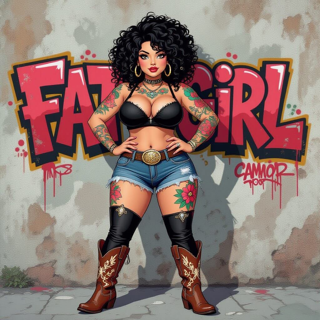 Tattooed Woman in Cowboy Boots Graffiti Art
