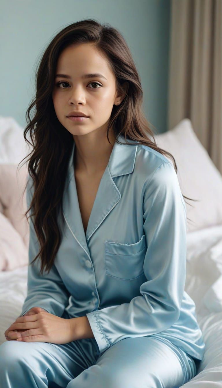 Jenna Ortega Portrait in Blue Satin Pajamas