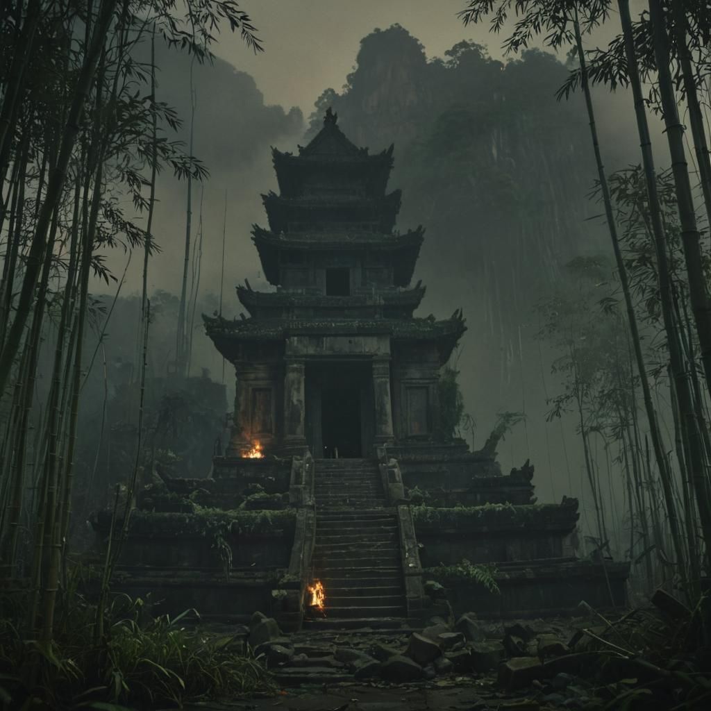 Ruined Temple in Bamboo Forest at Night
