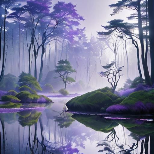 Mystical Forest Scene at Dawn with Colorful Foliage