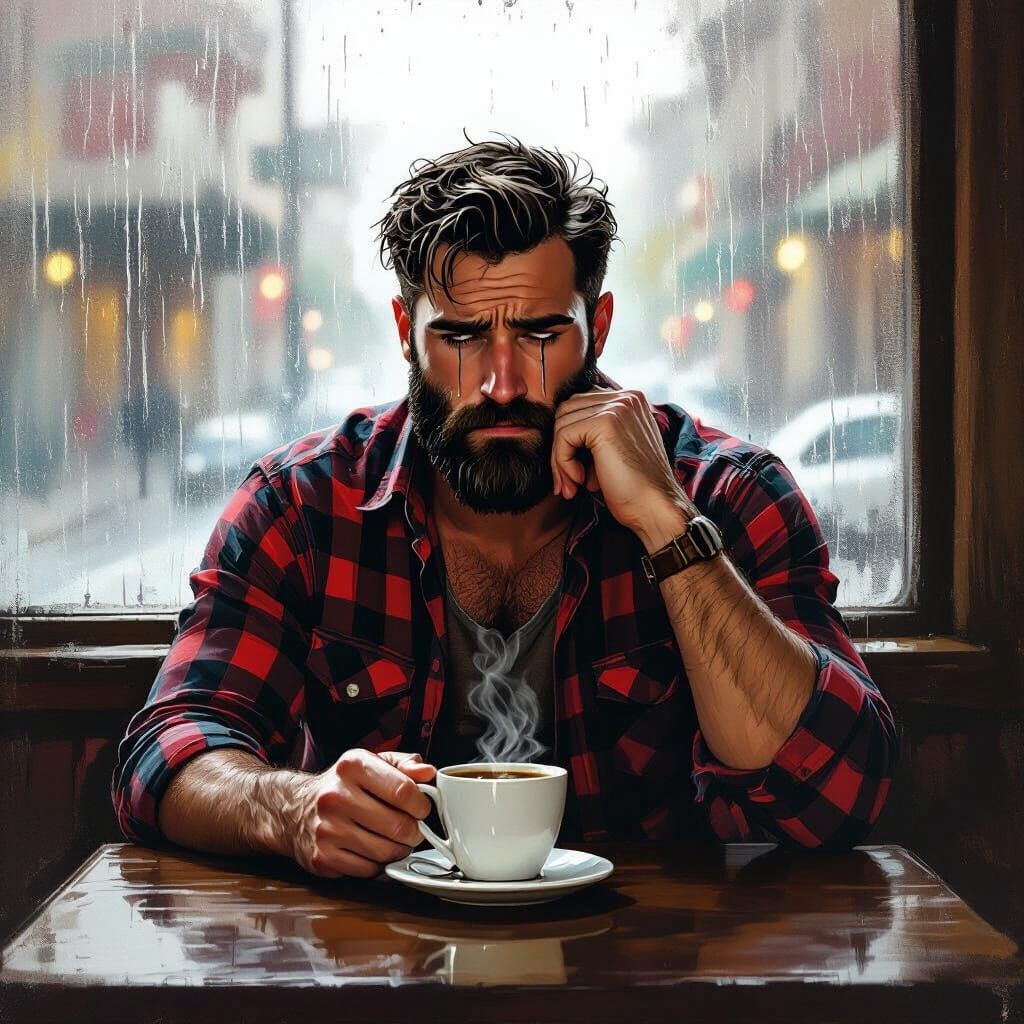 Man Crying in Cafe, Moody Digital Painting