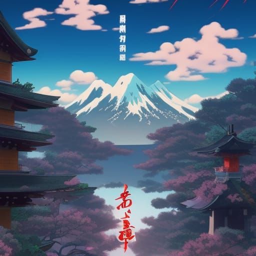 Ghibli-Style Japanese Landscape with Volcano