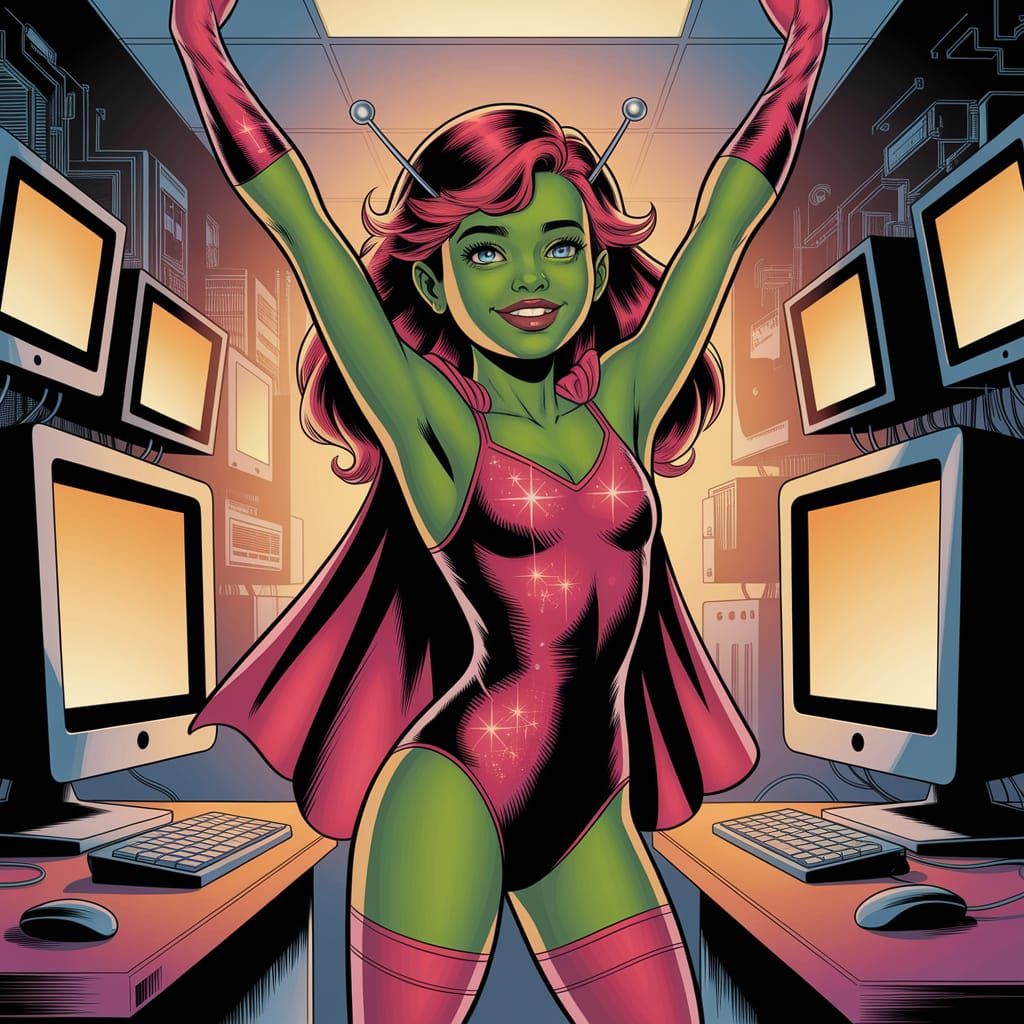Triumphant Green Superheroine in High-Tech Control Room