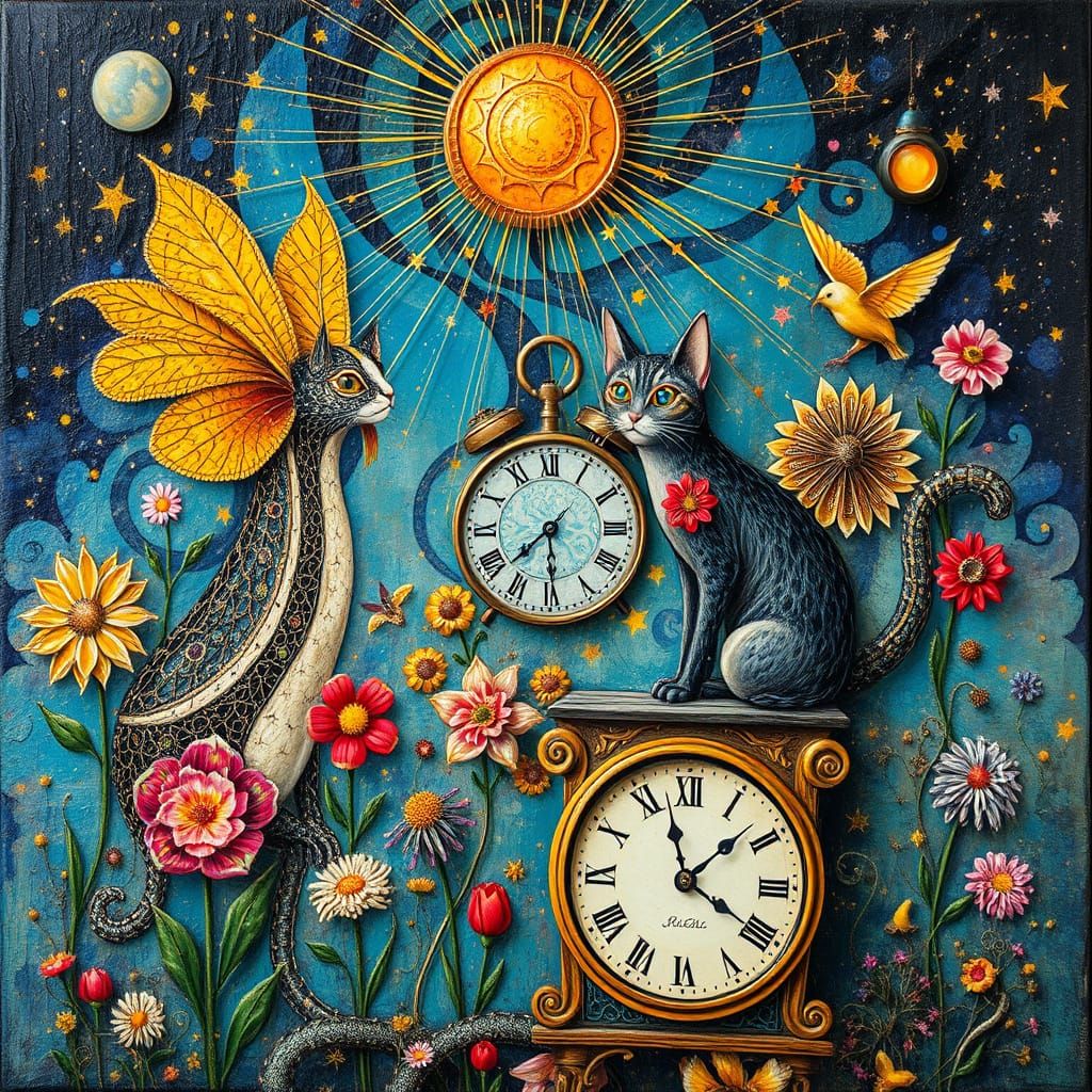 Whimsical Clock Animals in Vibrant Cosmic Light