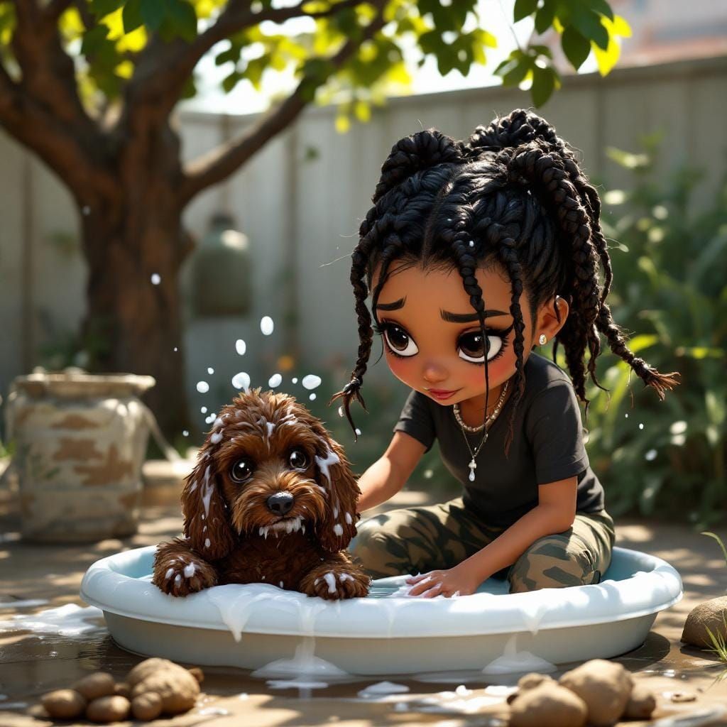 Chibi Woman Washes Poodle in Sunny Backyard
