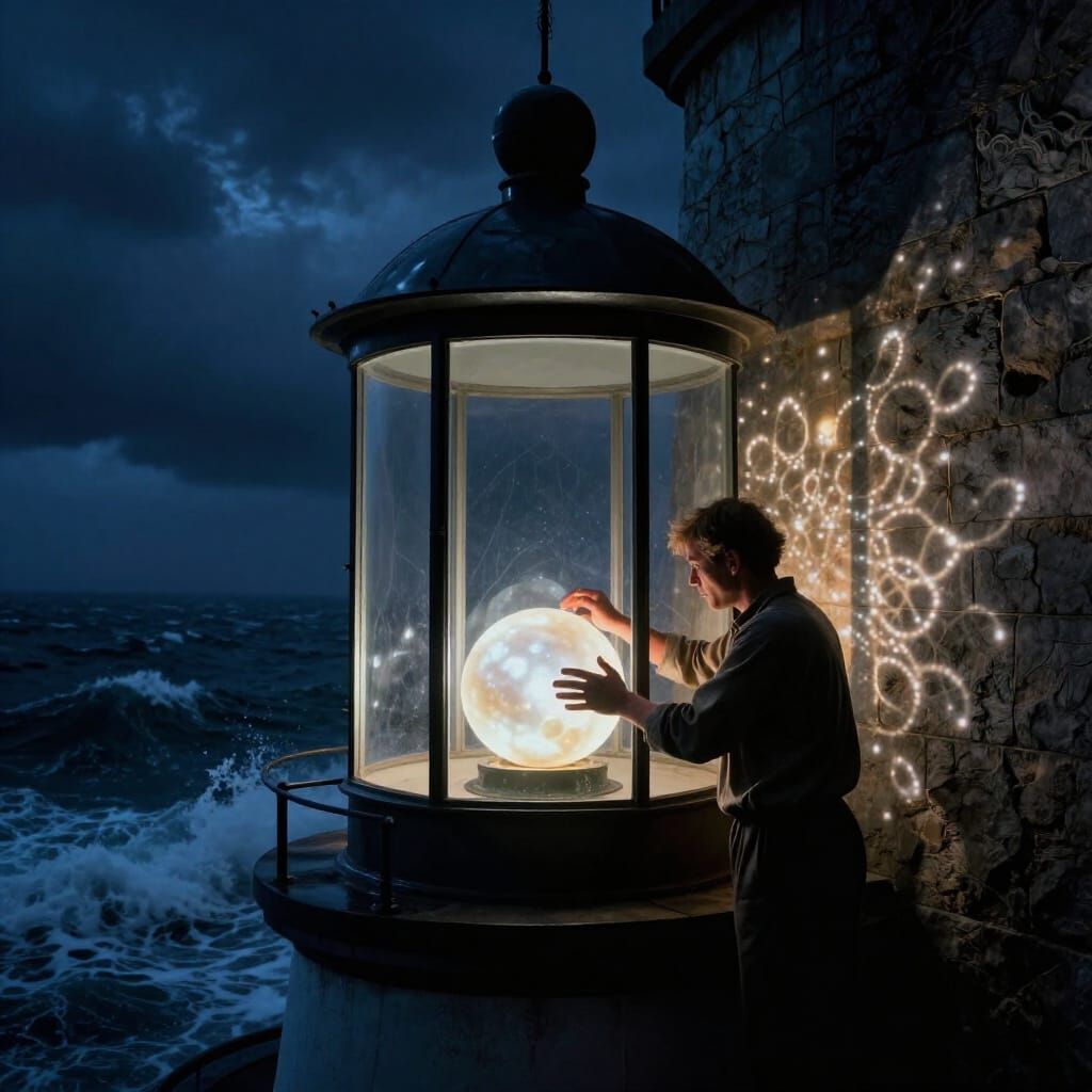 Lighthouse Keeper Polishes Giant Pearl in Stormy Lantern Roo...