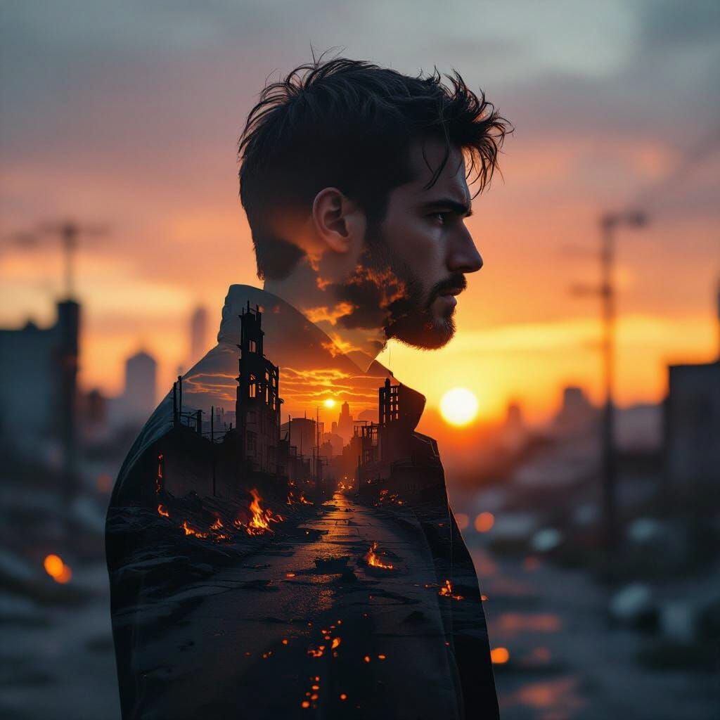 Man's Silhouette Double Exposure: Post-Apocalyptic Cityscape...