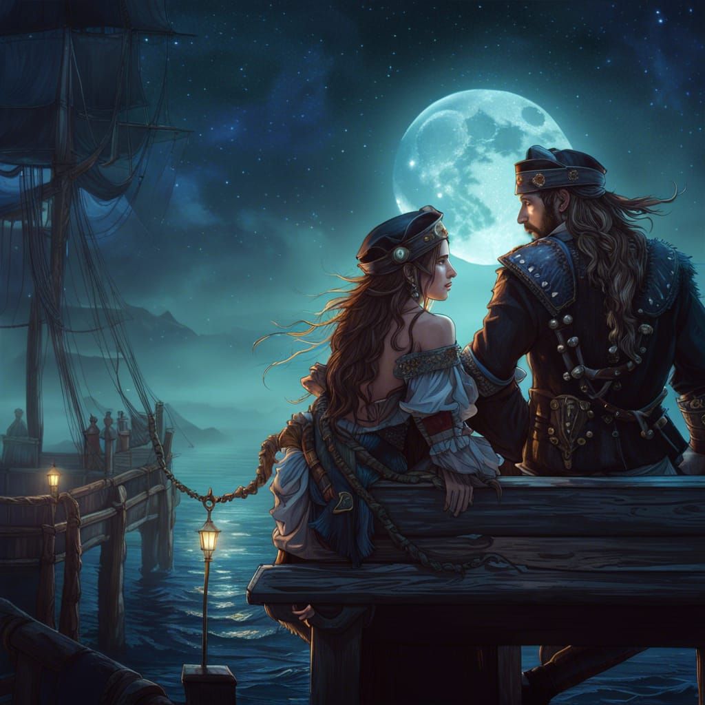 Pirates in Love at Midnight, Detailed Digital Art