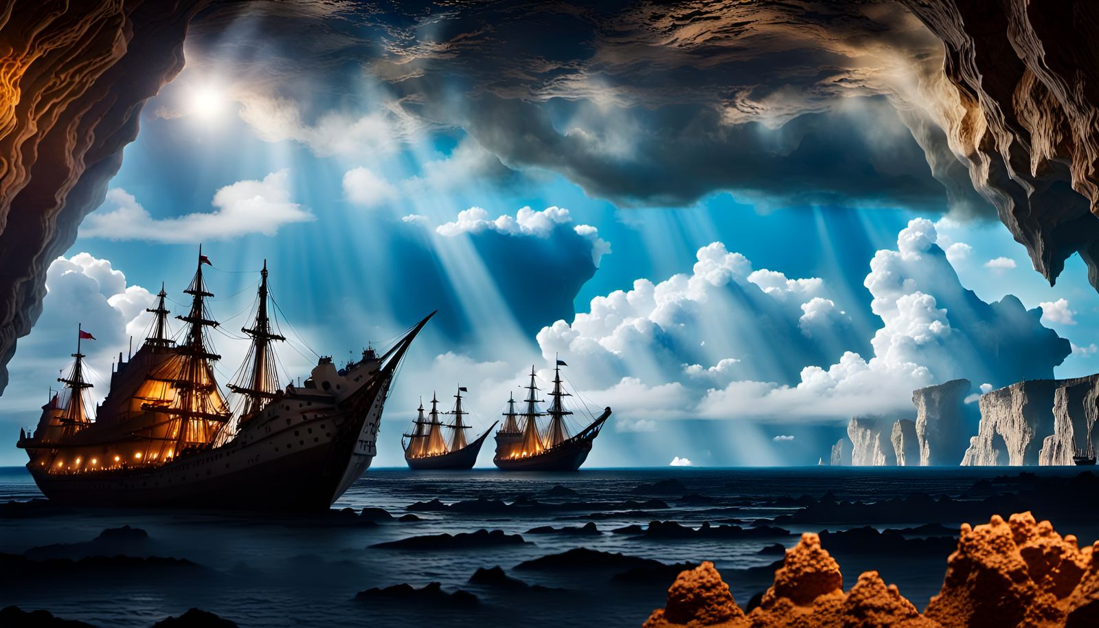 Subterranean Sea Cavern with Distant Sailing Ships