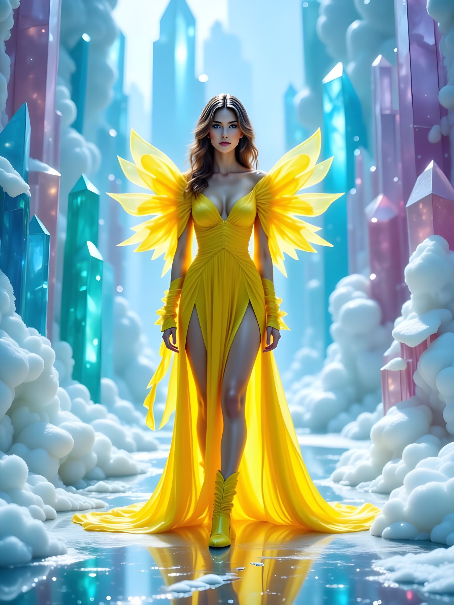 <lora:PandorasBox:1.0> A striking model standing before towering iridescent crystal panels that now shimmer with cool ic...