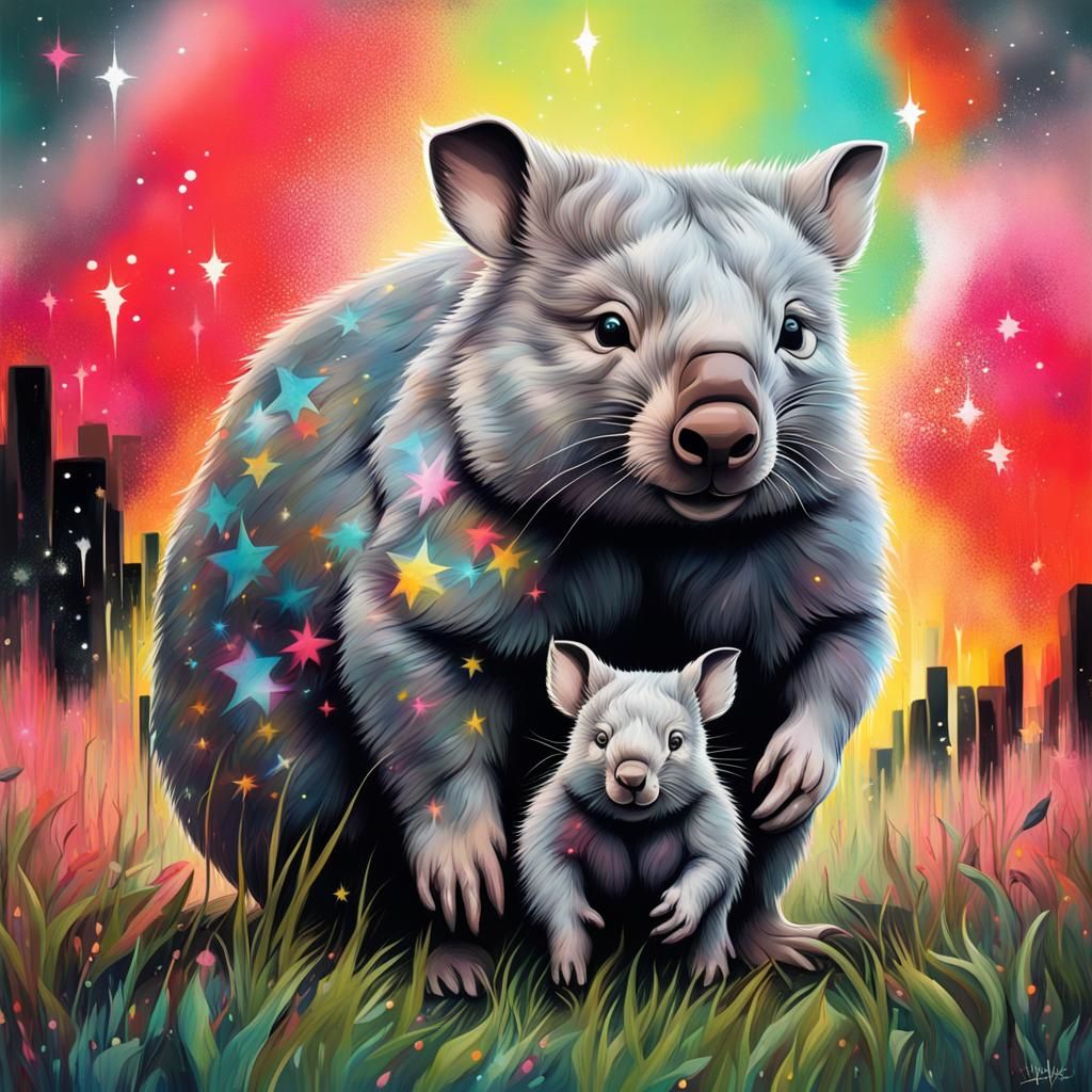 Wombat and Joey in Colorful Graffiti Art Style