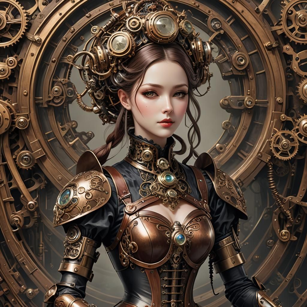 Victorian Steampunk Gynoid with Mechanical Arms
