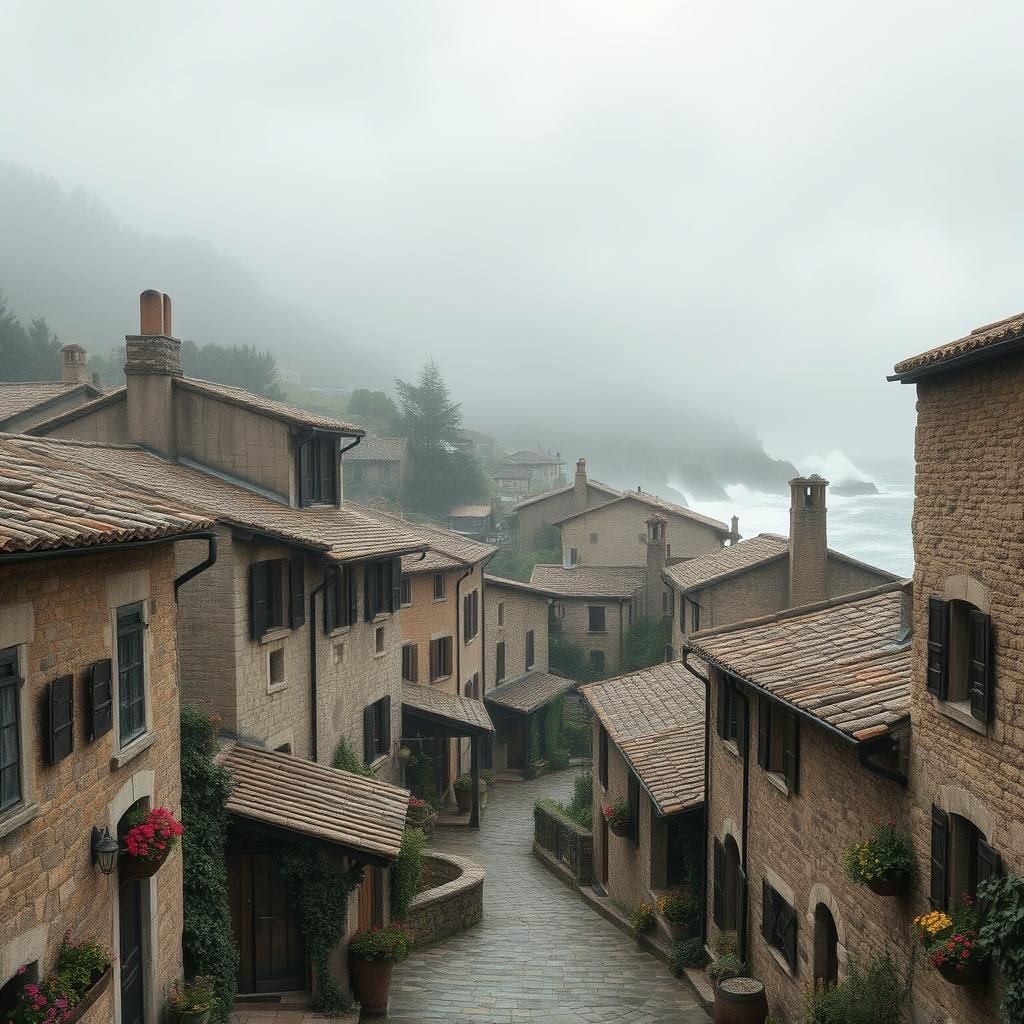 Misty Hamlet by the Sea: A Serene Landscape