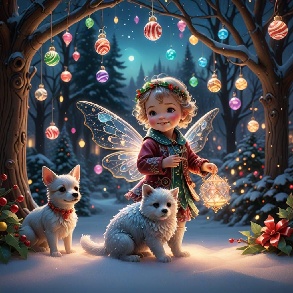 Glowing Glass Christmas Fairy Plays with Furry Puppy in Whim...