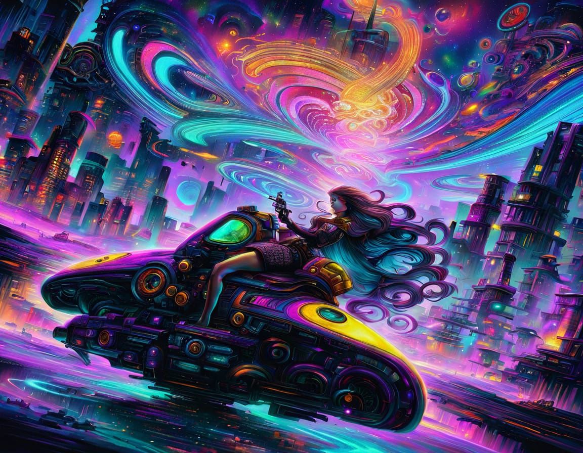 A Steampunk Adventurer Rides a Hoverbike Through Cosmic Spac...